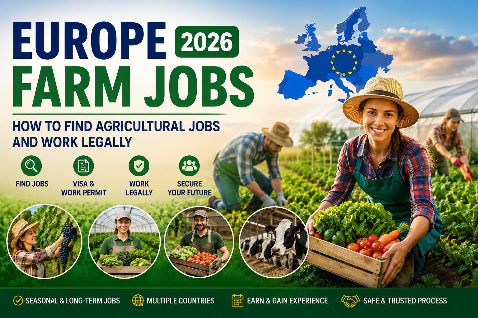 Europe farm jobs 2026 – agricultural workers harvesting crops and working on farms in Europe
